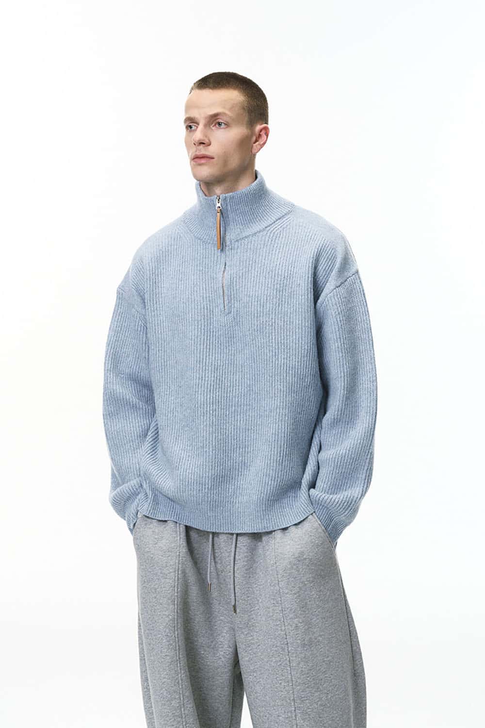 Vintage Relaxed Half-Zip Sweater _ High-Neck Ribbed Knit Pullover