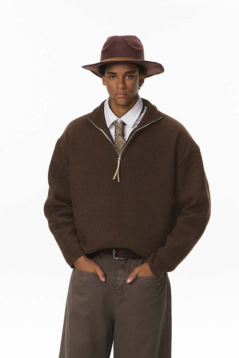 Vintage Relaxed Half-Zip Sweater _ High-Neck Ribbed Knit Pullover