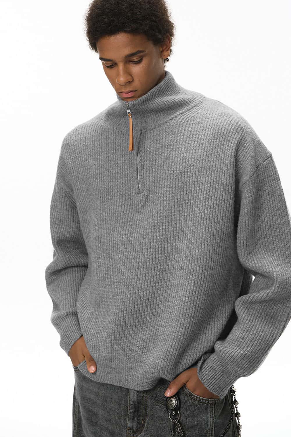 Vintage Relaxed Half-Zip Sweater _ High-Neck Ribbed Knit Pullover