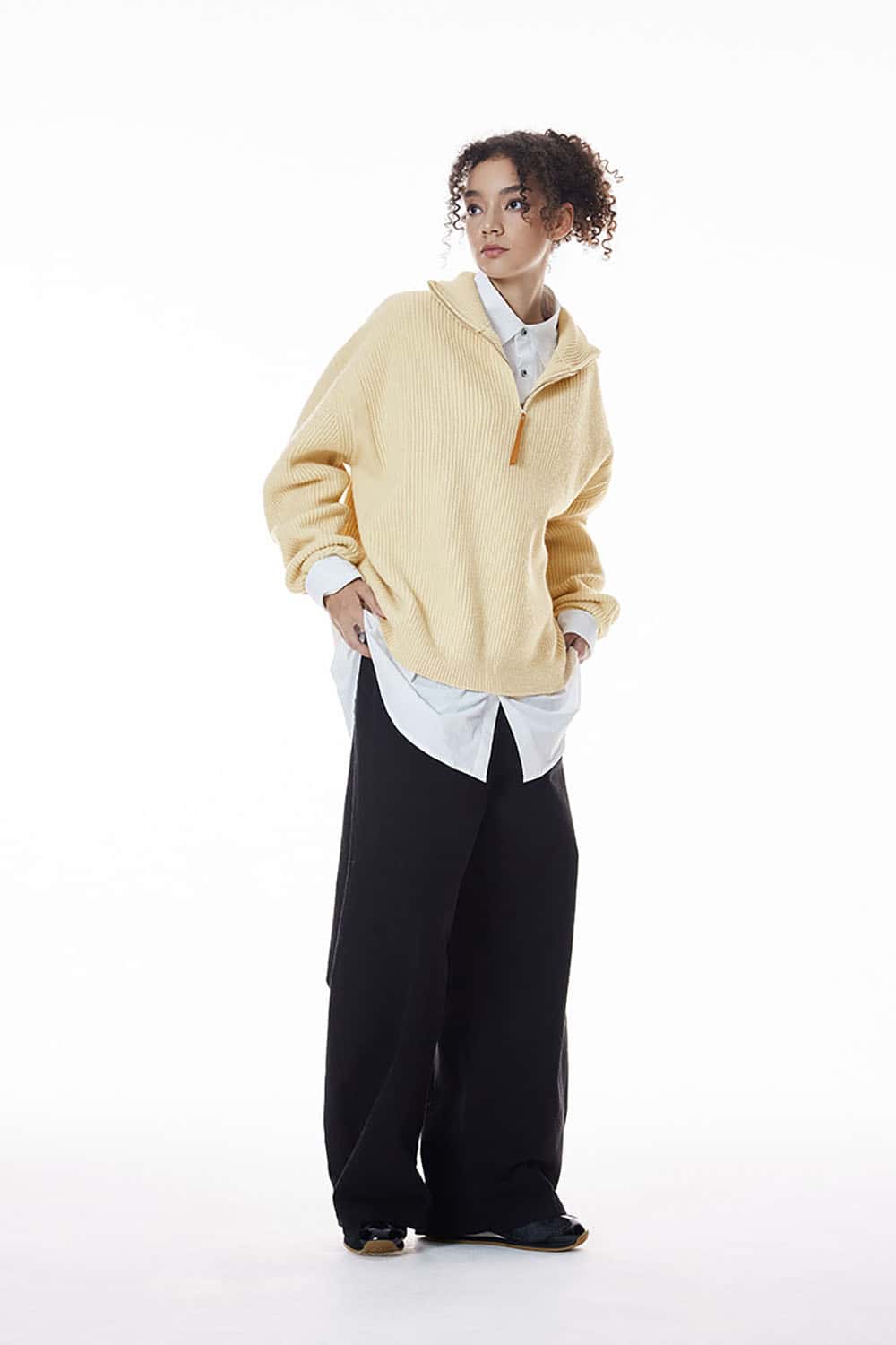 Vintage Relaxed Half-Zip Sweater _ High-Neck Ribbed Knit Pullover