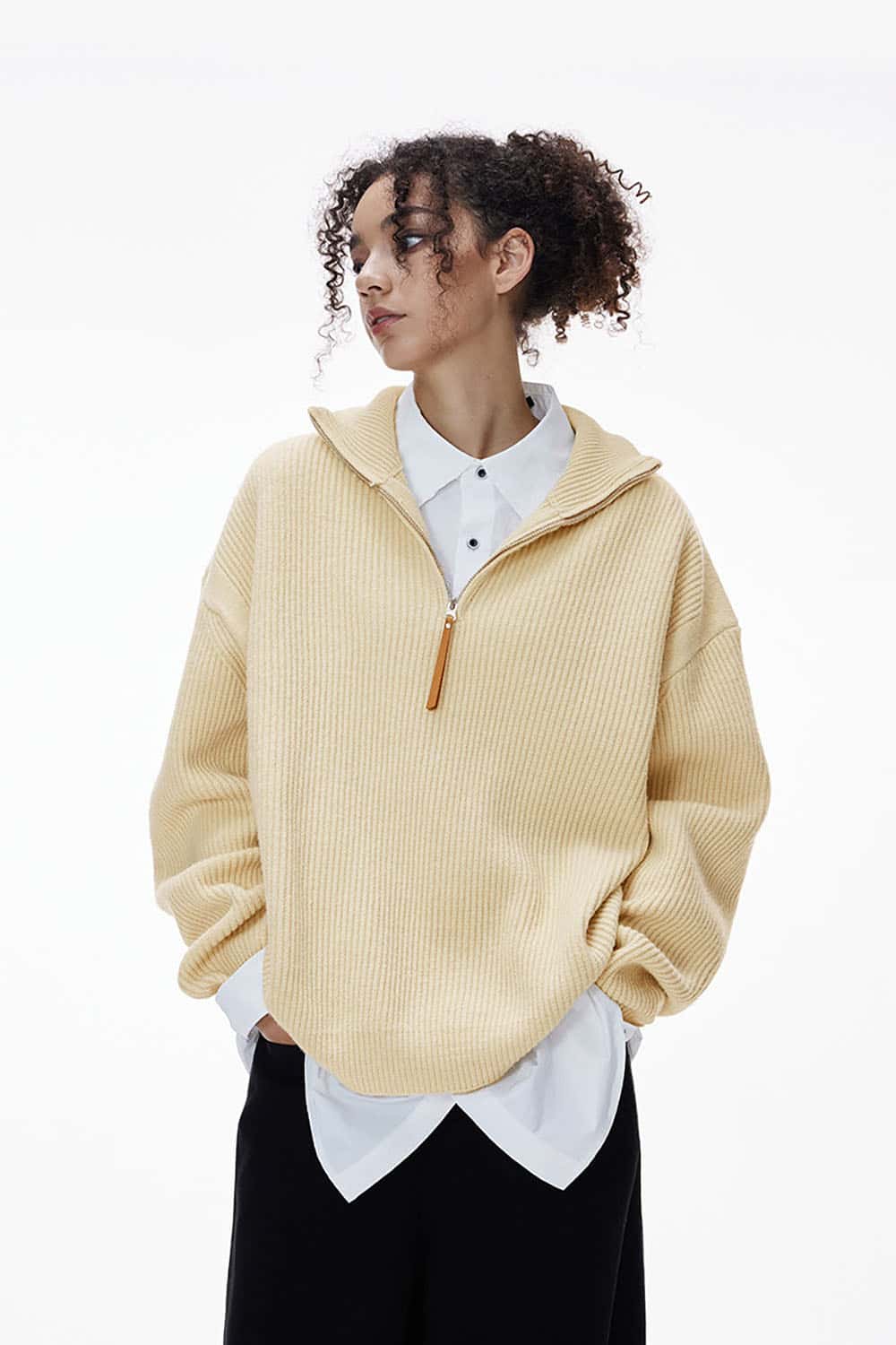 Vintage Relaxed Half-Zip Sweater _ High-Neck Ribbed Knit Pullover