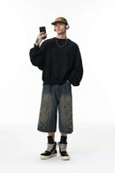 Batwing-Sleeve Cross-Knit Fleece Sweatshirt - Black