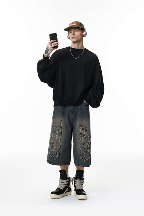 Batwing-Sleeve Cross-Knit Fleece Sweatshirt - Black