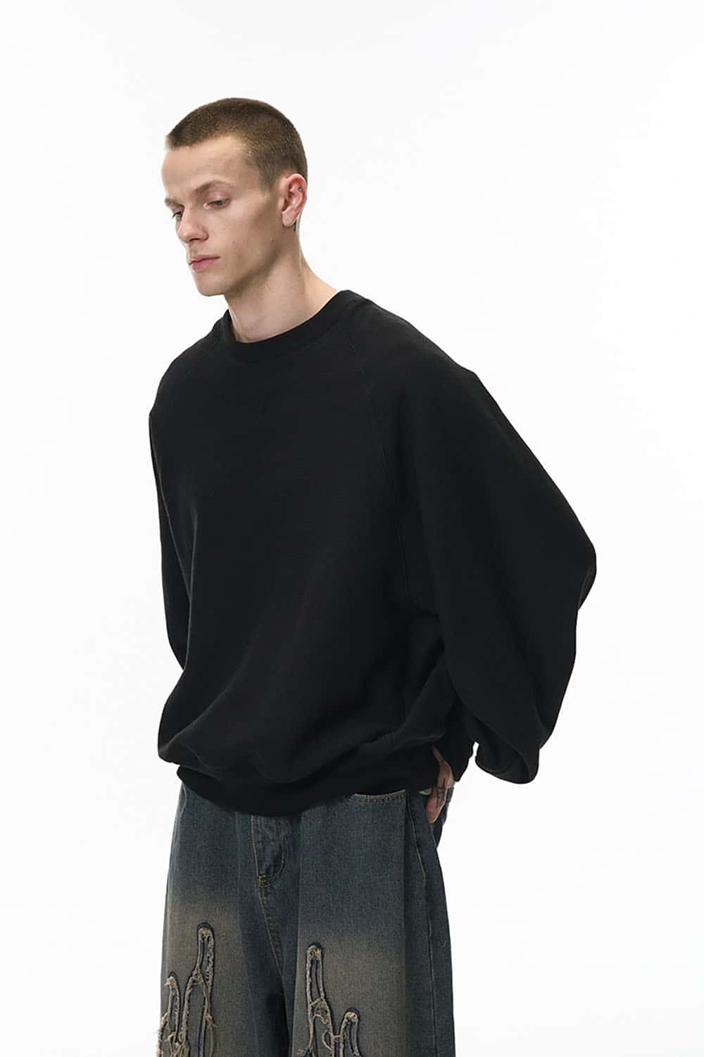 Batwing Sleeve Crewneck Sweatshirt _ Relaxed Fit Fleece Pullover