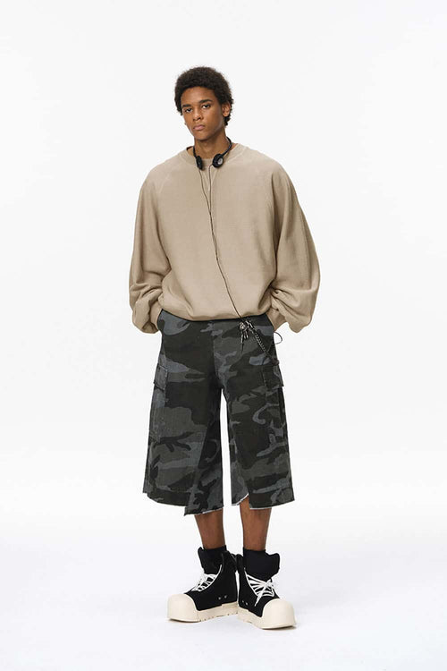 Batwing-Sleeve Cross-Knit Fleece Sweatshirt - Khaki