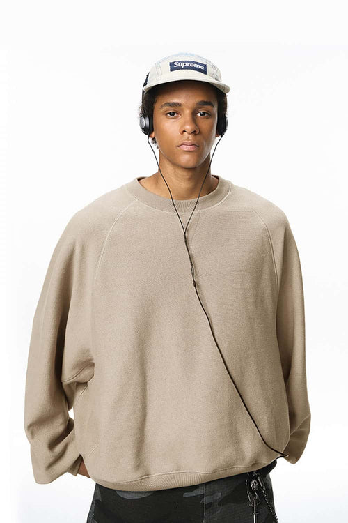 Batwing-Sleeve Cross-Knit Fleece Sweatshirt - Khaki