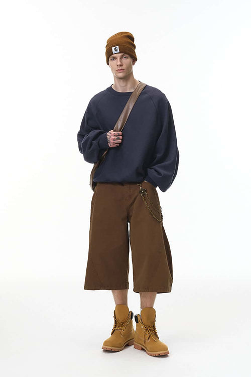 Batwing-Sleeve Cross-Knit Fleece Sweatshirt - Navy Blue