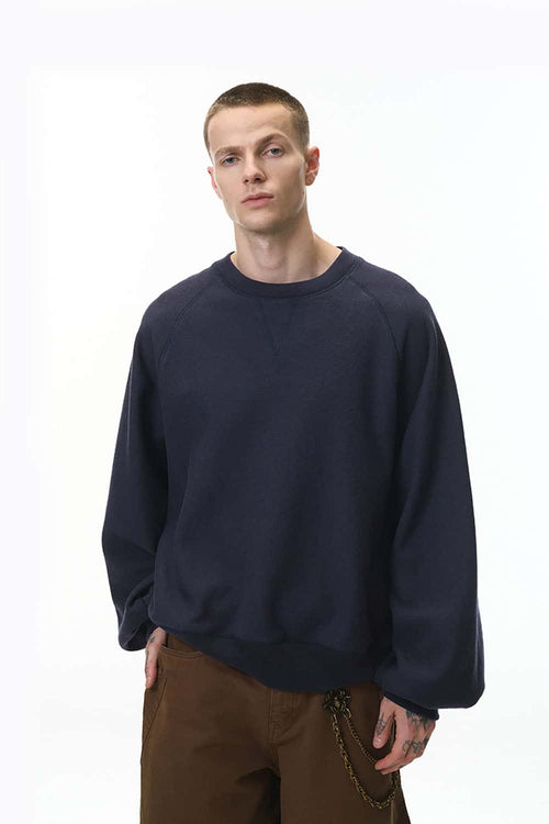 Batwing-Sleeve Cross-Knit Fleece Sweatshirt - Navy Blue