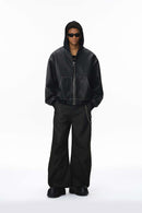 Paneled Hooded Faux Leather Jacket - Black