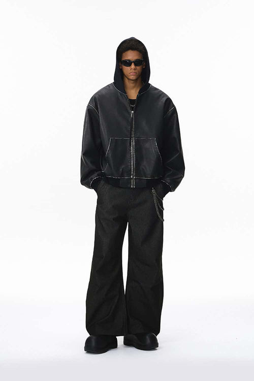 Paneled Hooded Faux Leather Jacket - Black