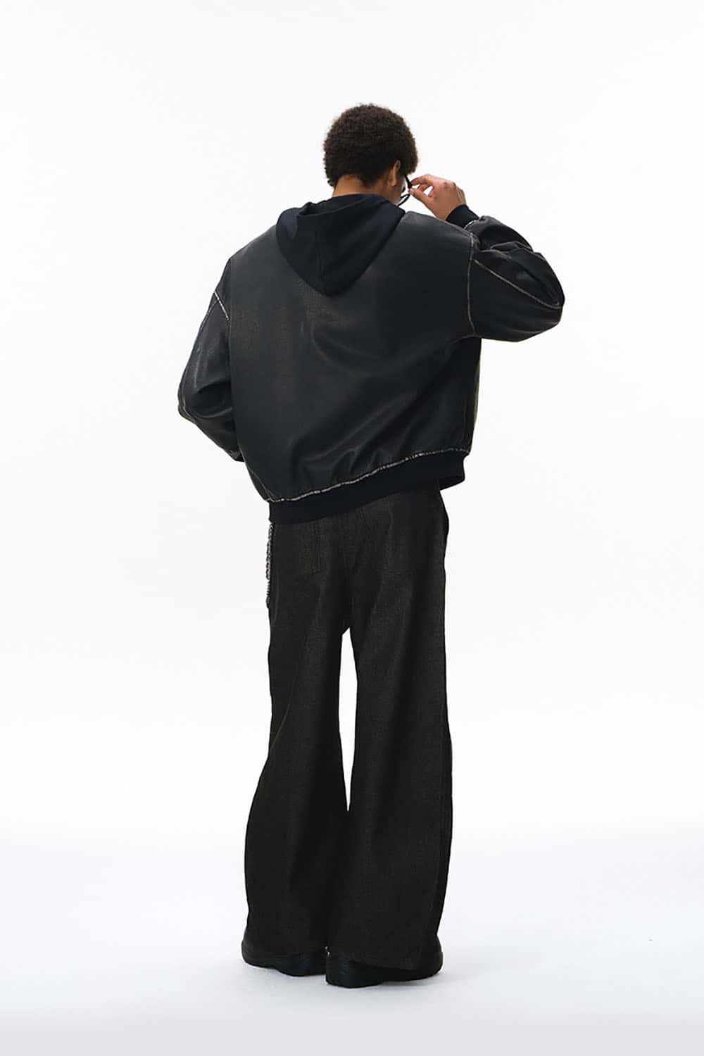 Washed Faux Leather Hooded Jacket _ Distressed Patchwork Zip-Up Outerwear