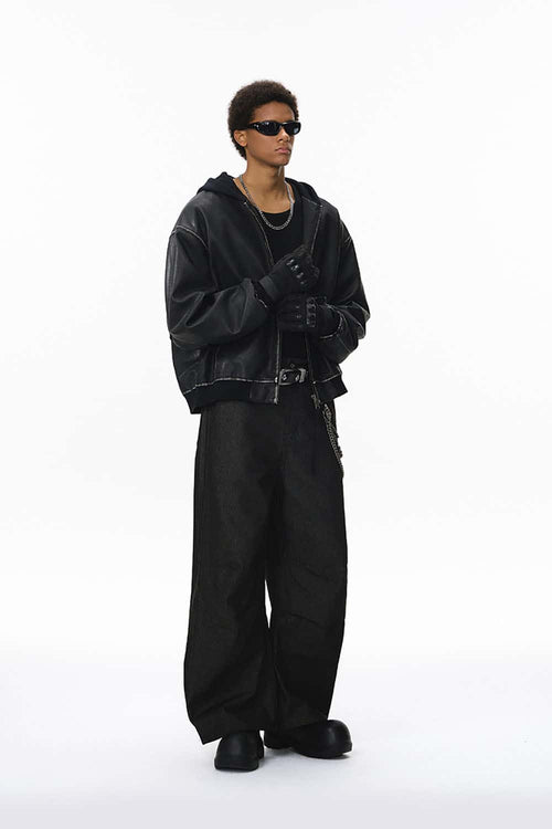 Paneled Hooded Faux Leather Jacket - Black