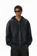 Paneled Hooded Faux Leather Jacket - Black