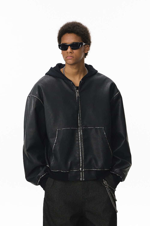 Paneled Hooded Faux Leather Jacket - Black