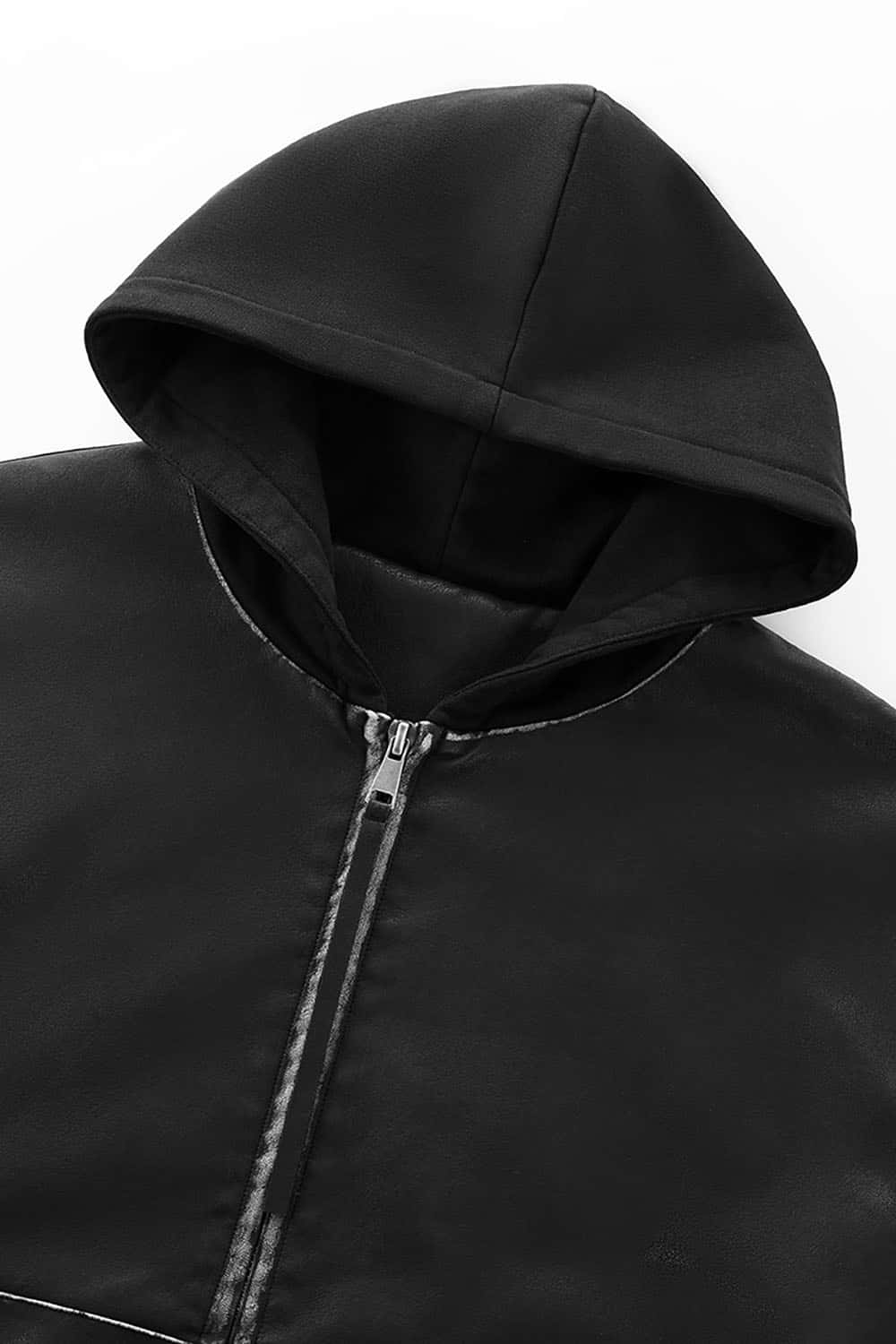 Washed Faux Leather Hooded Jacket _ Distressed Patchwork Zip-Up Outerwear