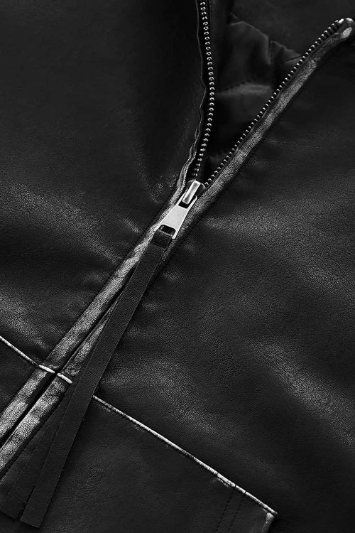 Paneled Hooded Faux Leather Jacket - Black