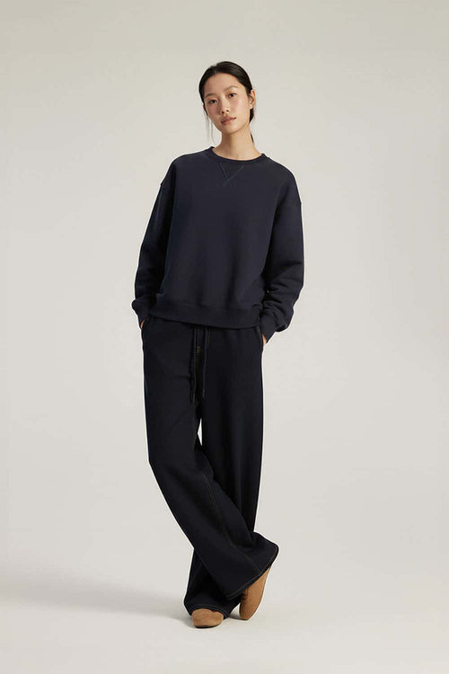 Lyocell Blend Solid Pullover Sweatshirt - Navy Blue