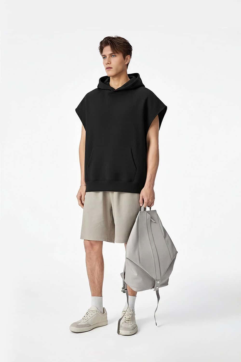 Heavyweight Sleeveless Hoodie Vest _ Rolled-Edge Hooded Sweatshirt Tank