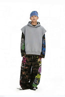 Premium Sleeveless Fleece Hoodie - Flower Gray