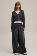 Distressed Double-Waist Straight-Leg Pants - Dark Gray