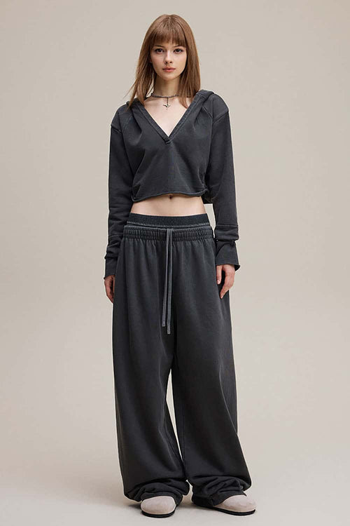 Distressed Double-Waist Straight-Leg Pants - Dark Gray