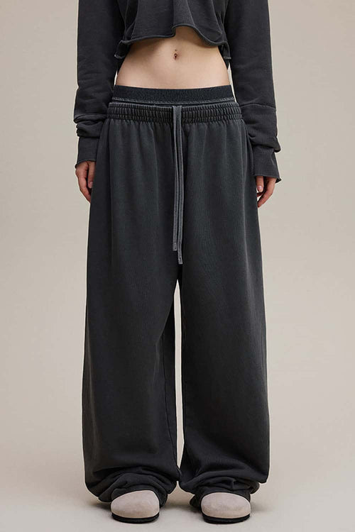 Distressed Double-Waist Straight-Leg Pants - Dark Gray