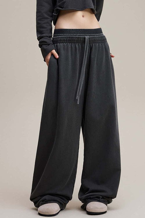 Distressed Double-Waist Straight-Leg Pants - Dark Gray