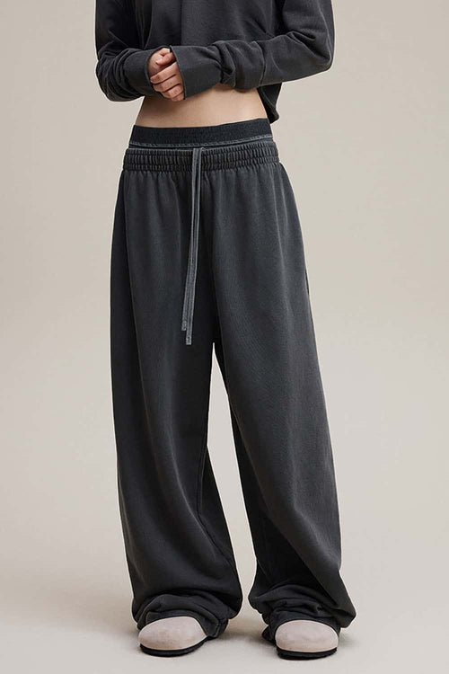Distressed Double-Waist Straight-Leg Pants - Dark Gray