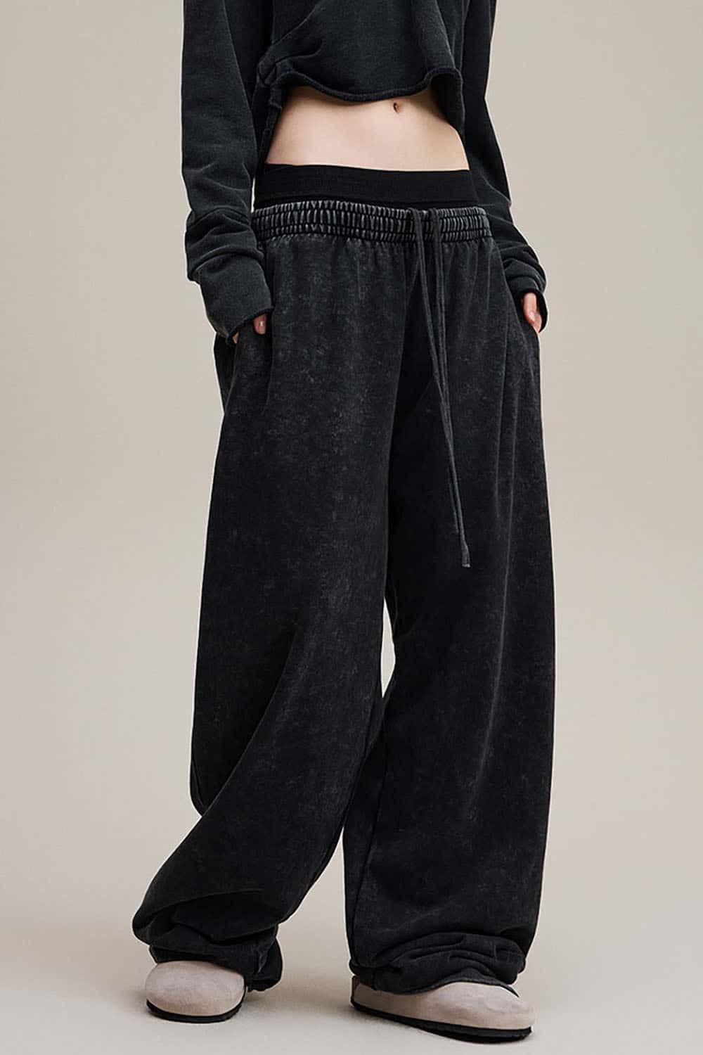 Vintage Double Waistband Straight-Leg Pants _ Distressed Slimming Casual Trousers