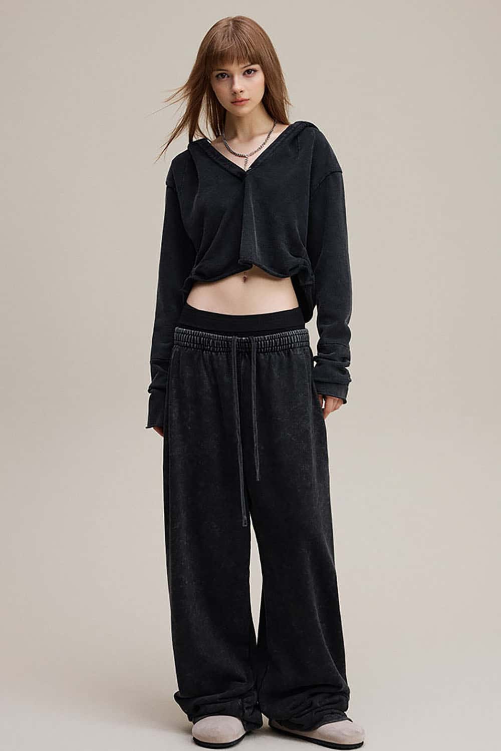 Vintage Double Waistband Straight-Leg Pants _ Distressed Slimming Casual Trousers