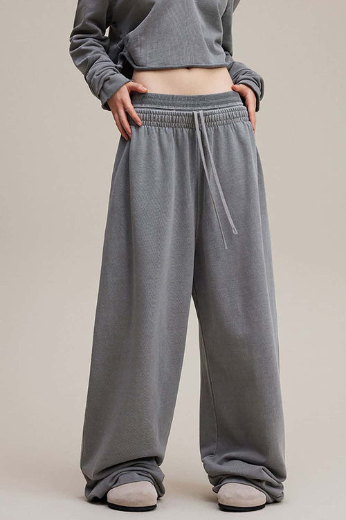 Distressed Double-Waist Straight-Leg Pants - Medium Gray