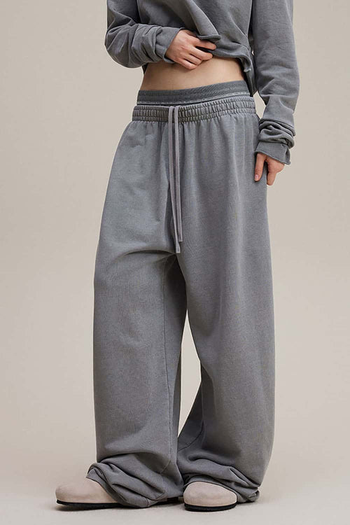 Distressed Double-Waist Straight-Leg Pants - Medium Gray