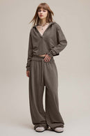Ruched V-Neck Cropped Hooded Top - Coffee