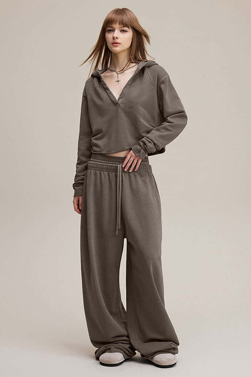 Ruched V-Neck Cropped Hooded Top - Coffee