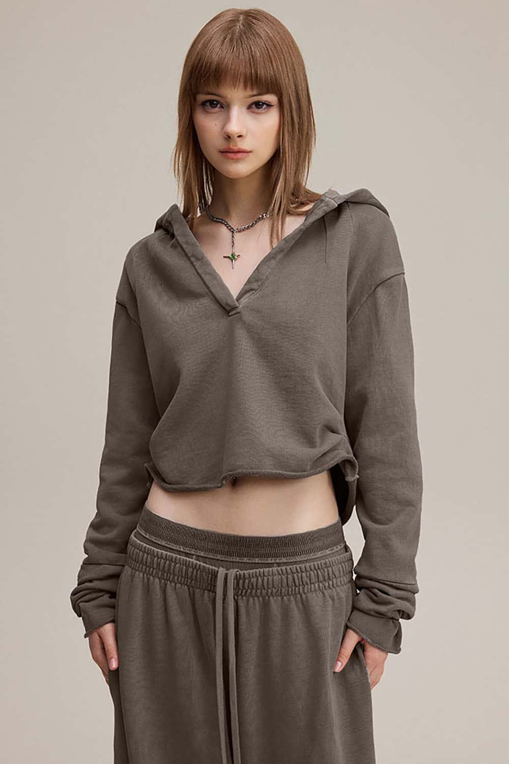 Vintage V-Neck Ruched Cropped Hoodie _ Long Sleeve Relaxed Fit Pullover Top