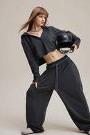 Ruched V-Neck Cropped Hooded Top - Dark Gray