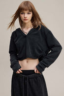 Ruched V-Neck Cropped Hooded Top - Fried Snowflakes