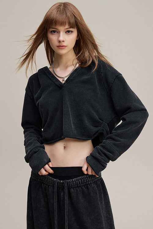 Ruched V-Neck Cropped Hooded Top - Fried Snowflakes