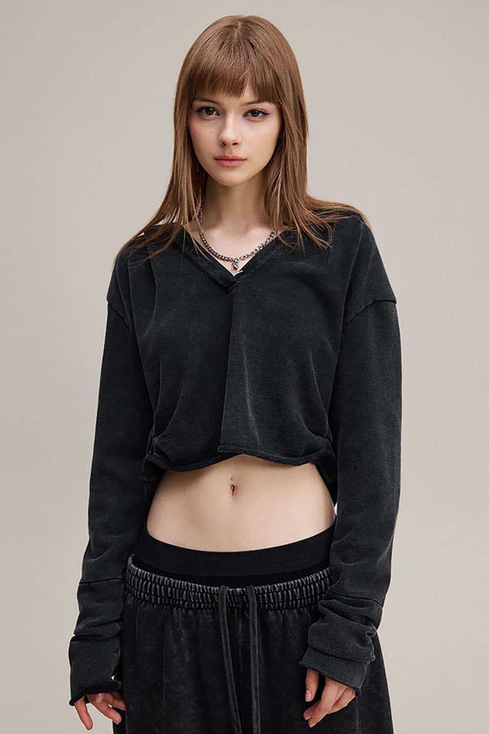 Vintage V-Neck Ruched Cropped Hoodie _ Long Sleeve Relaxed Fit Pullover Top