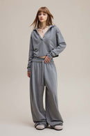 Ruched V-Neck Cropped Hooded Top - Medium Gray