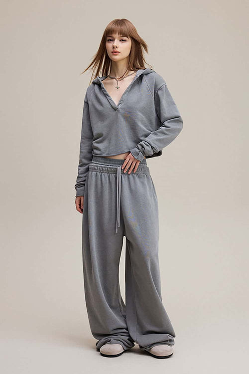 Ruched V-Neck Cropped Hooded Top - Medium Gray