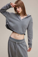 Ruched V-Neck Cropped Hooded Top - Medium Gray
