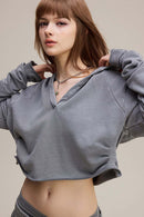 Ruched V-Neck Cropped Hooded Top - Medium Gray