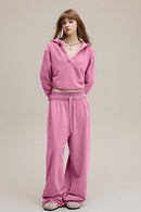 Ruched V-Neck Cropped Hooded Top - Rose Pink