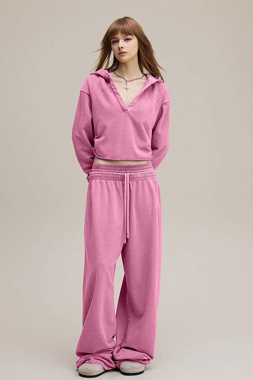 Ruched V-Neck Cropped Hooded Top - Rose Pink