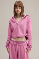 Ruched V-Neck Cropped Hooded Top - Rose Pink