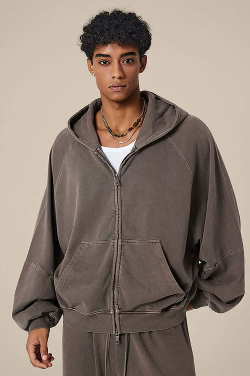 Heavyweight Paneled Zip Hoodie - Coffee
