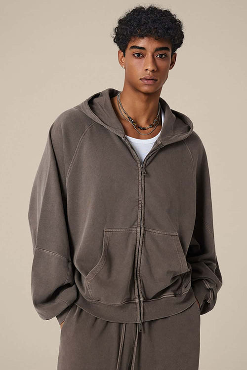 Heavyweight Paneled Zip Hoodie - Coffee