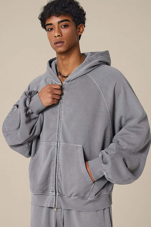 Heavyweight Paneled Zip Hoodie - Medium Gray