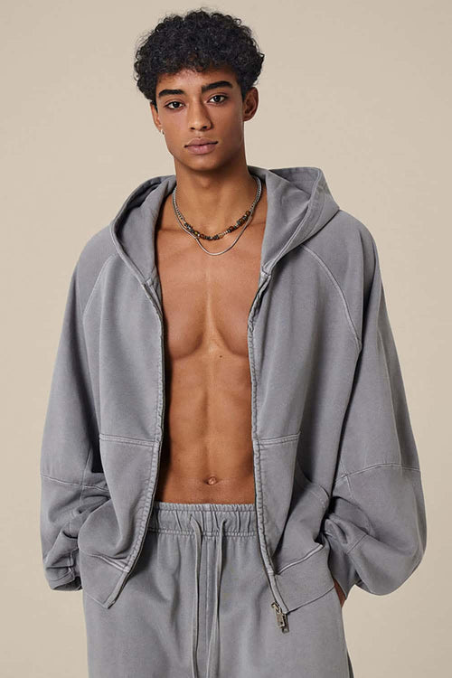 Heavyweight Paneled Zip Hoodie - Medium Gray